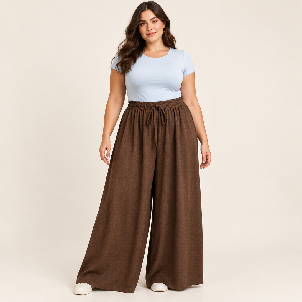Modella curvy con pantaloni oversize marroni