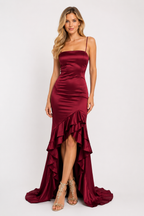 Abiti da sera  "IRIS" in Satin  Bordeaux, con taglio asimmetrico.