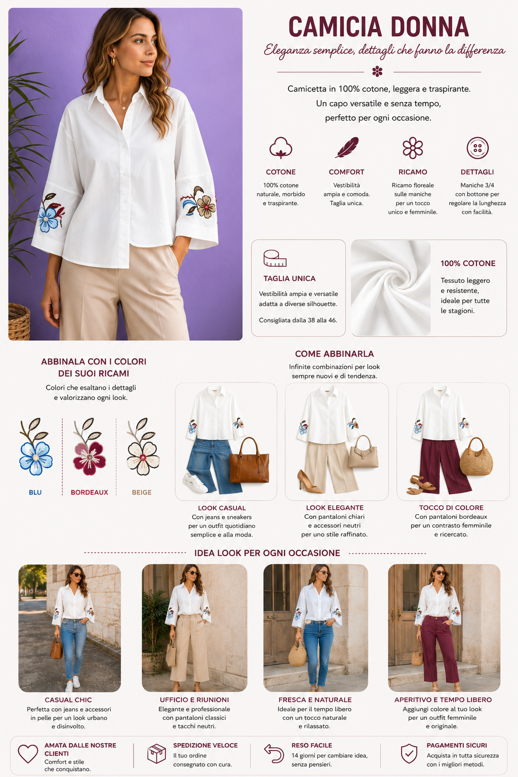 Camicia di cotone con Ricami Floreali
