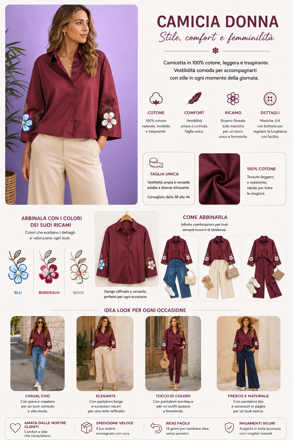 Camicia di cotone con Ricami Floreali