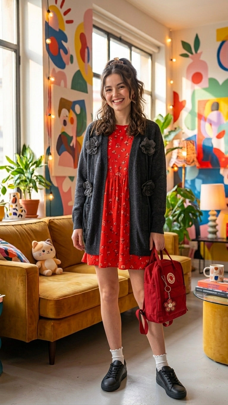 Cardigan lungo nero con  Applicazioni Floreali