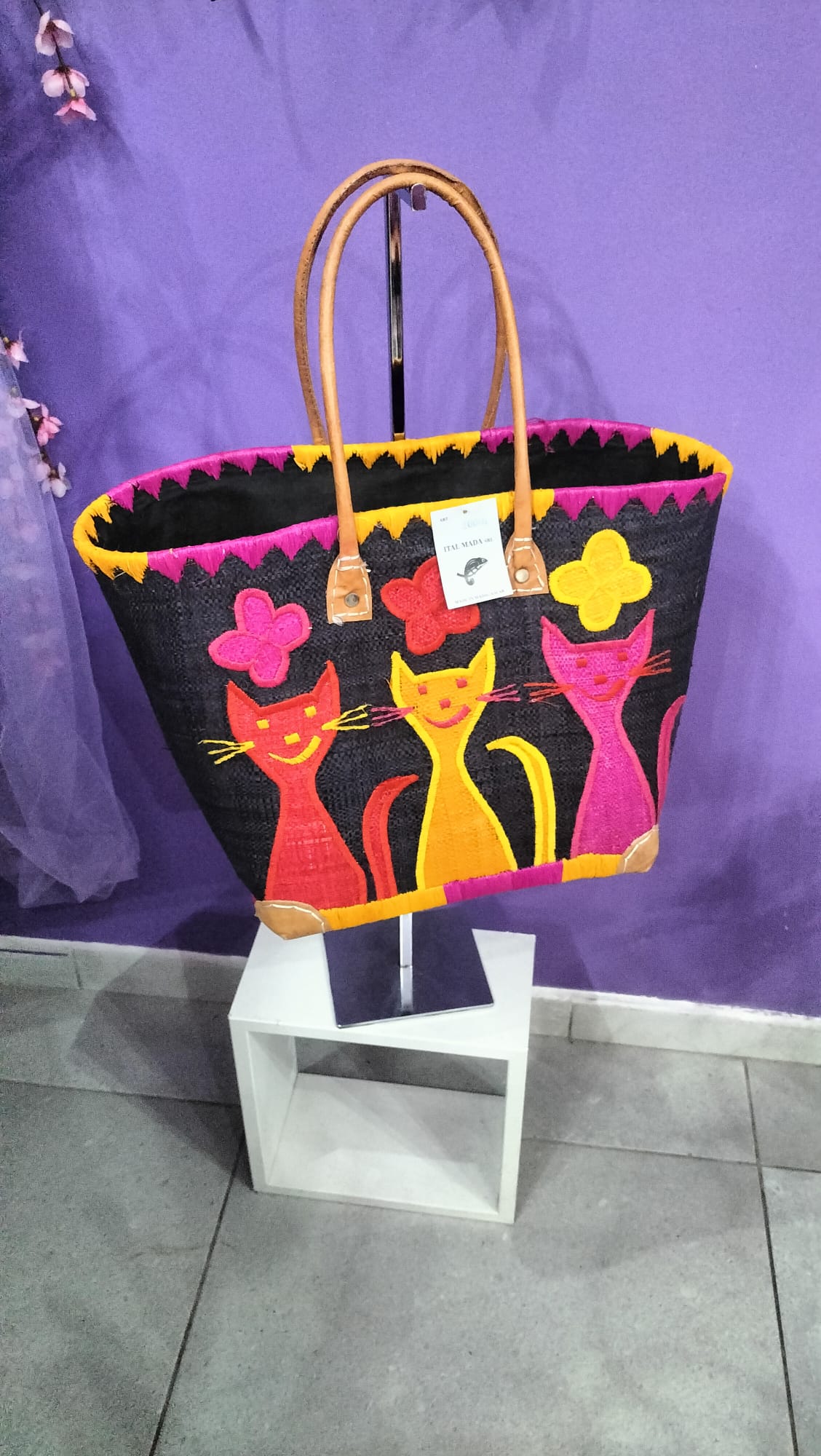 BORSA  RICAMATA "CATS" DA MARE O DA PASSEGGIO