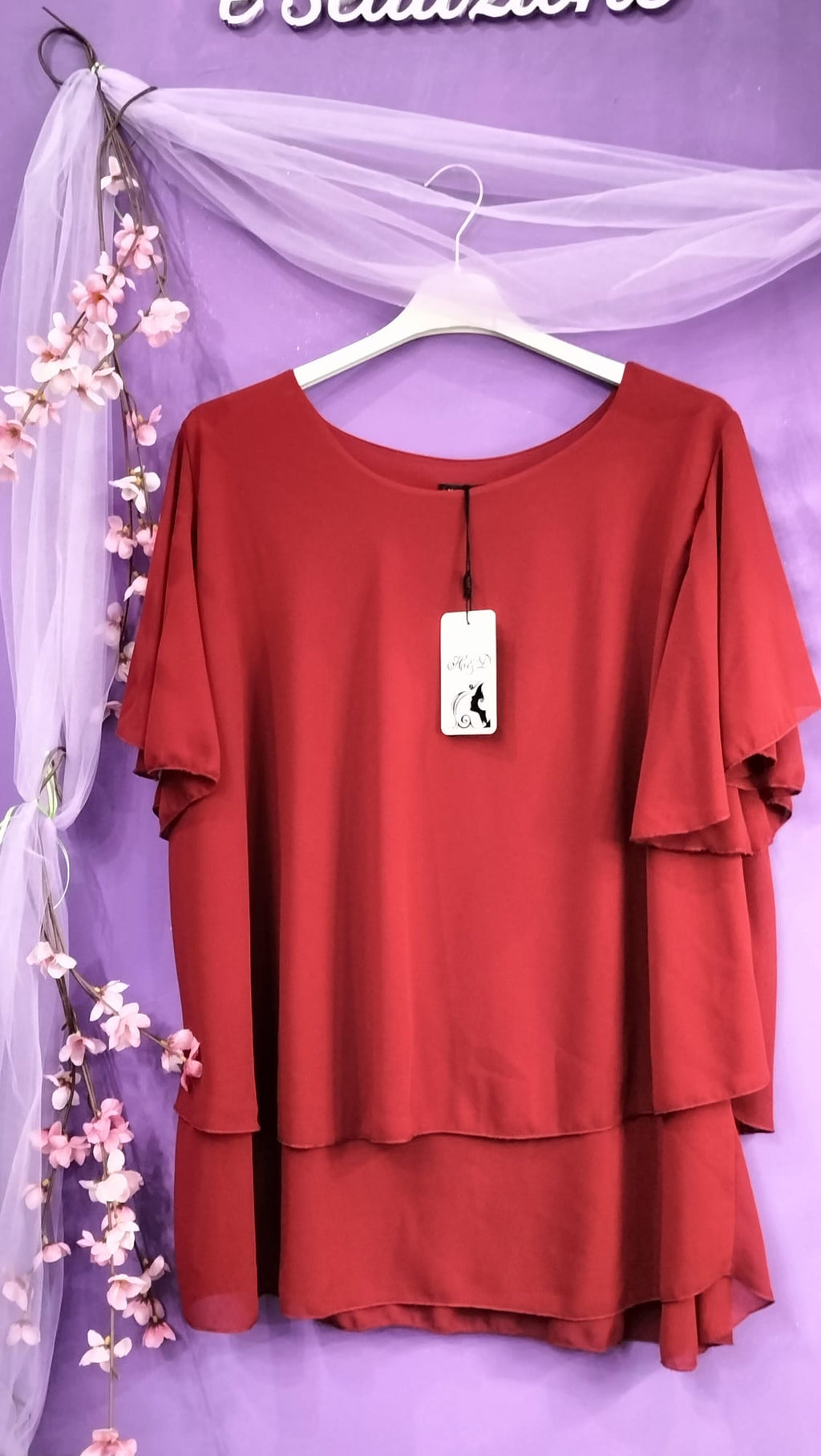 Blusa Elly oversize color mattone con maniche a campana e volant