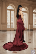Abiti da sera  "IRIS" in Satin  Bordeaux, con taglio asimmetrico.