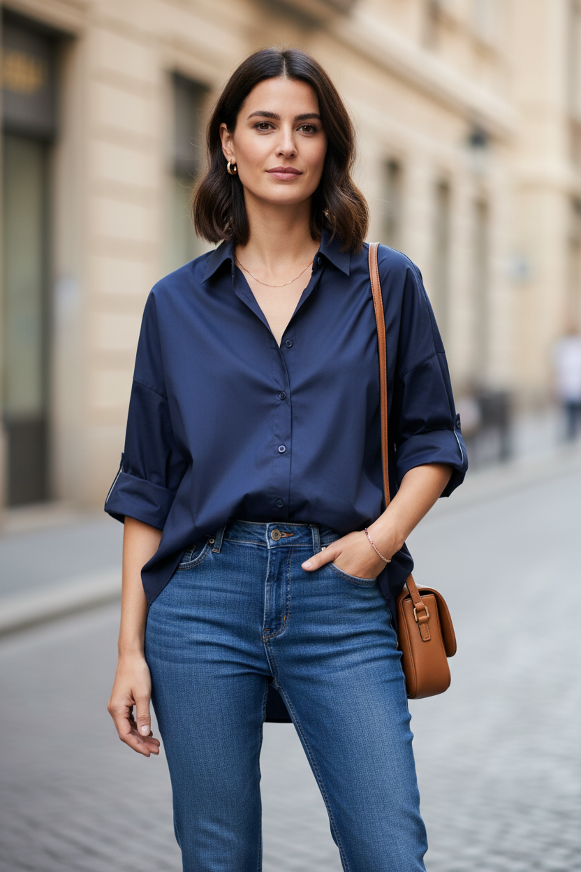 Camicia indossata da una modella con jeans e accessori