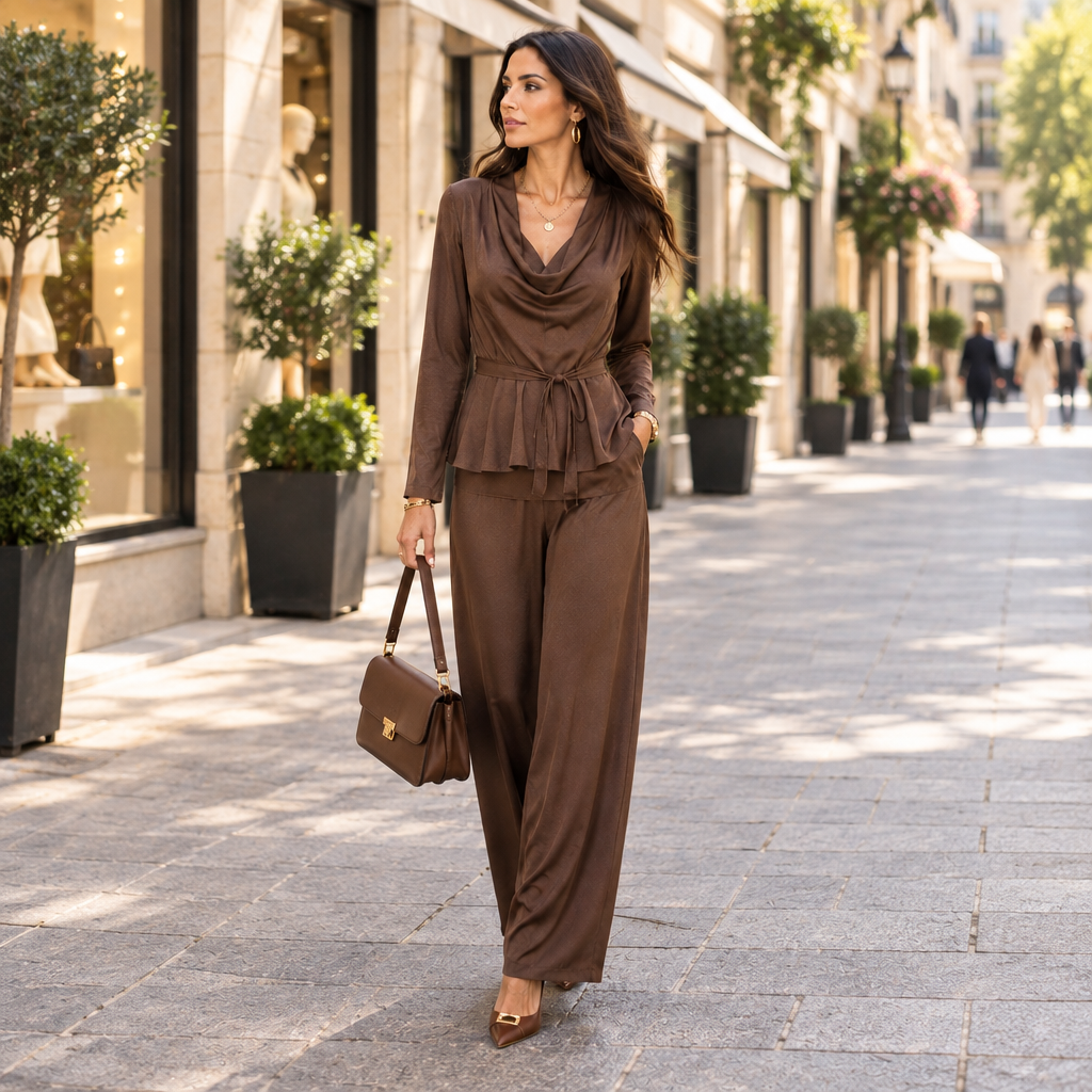 Completo marrone a figura intera su una strada dello shopping