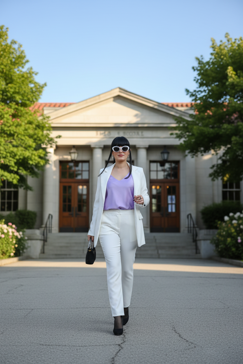 Insegnante con outfit bianco e lilla