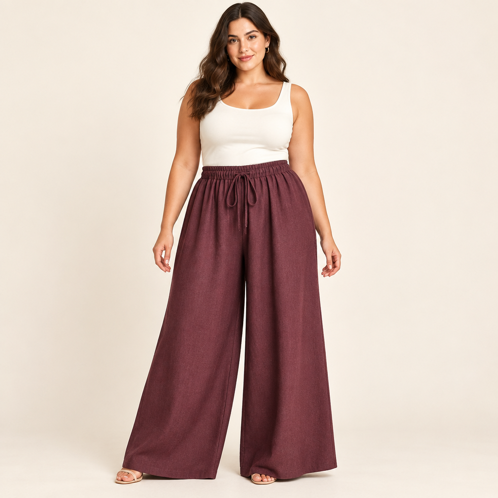 Modella curvy con pantaloni oversize bordeaux