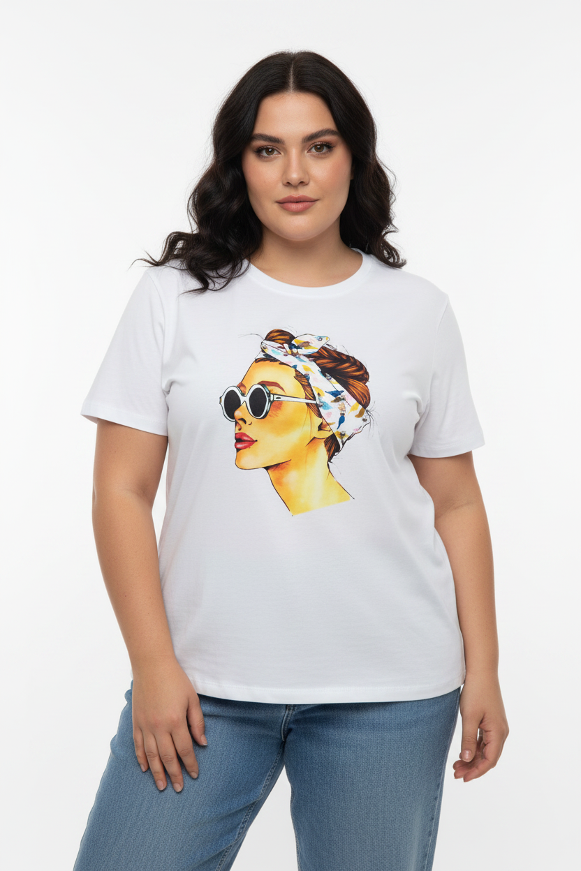 Modella curvy con t-shirt pop art esatta